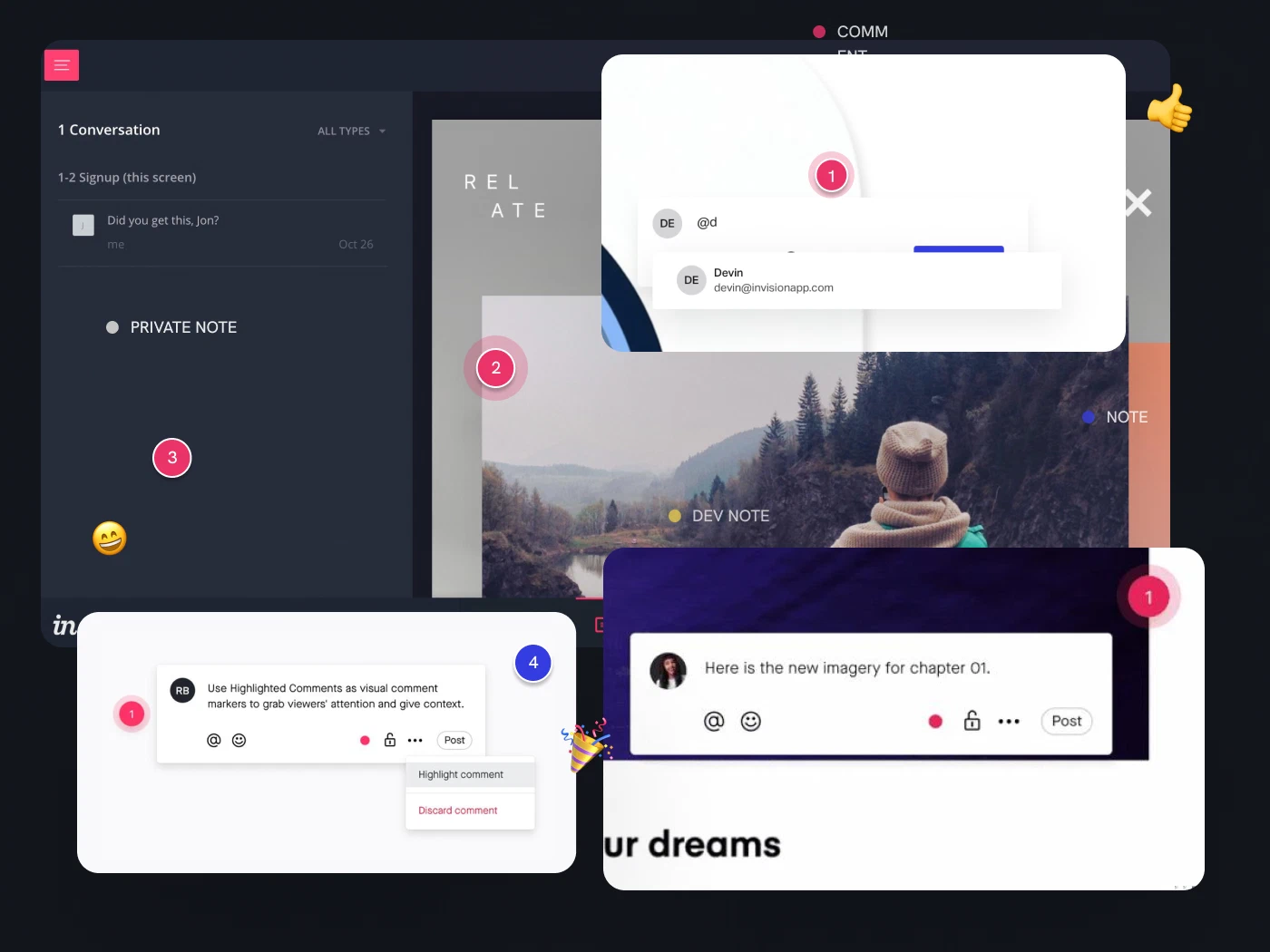 A collage of InVision Conversations showing pinned comments, an at-mention suggestion, private notes, and highlighted feedback.