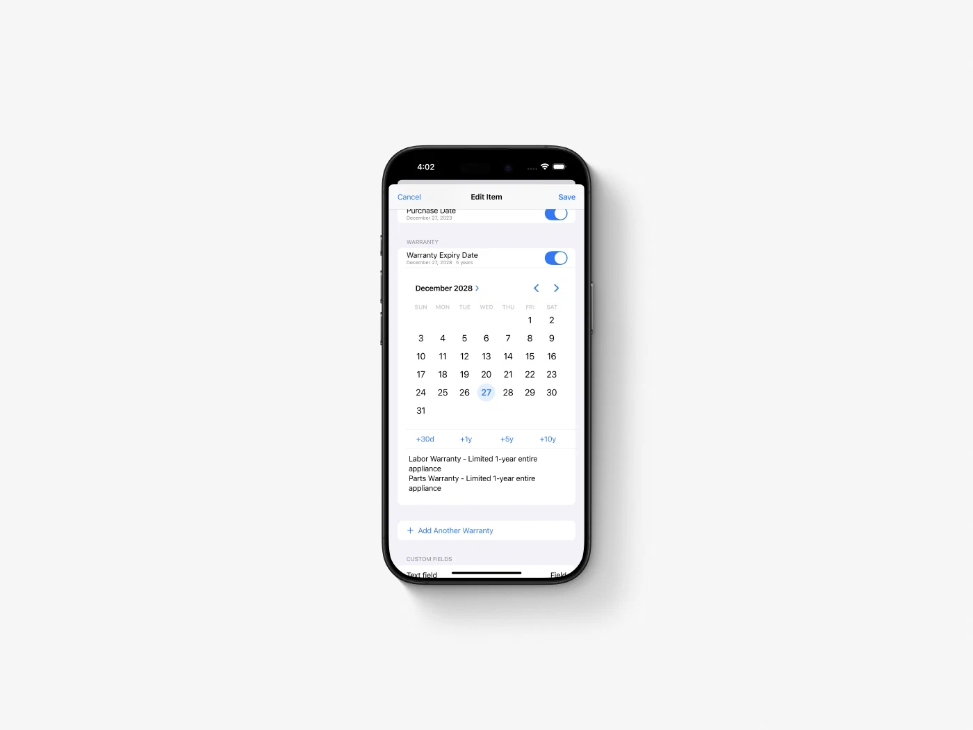 The Edit Item screen on iPhone with a warranty expiry calendar, +30d, +1y, +5y, and +10y shortcuts, coverage details, and an Add Another Warranty button.